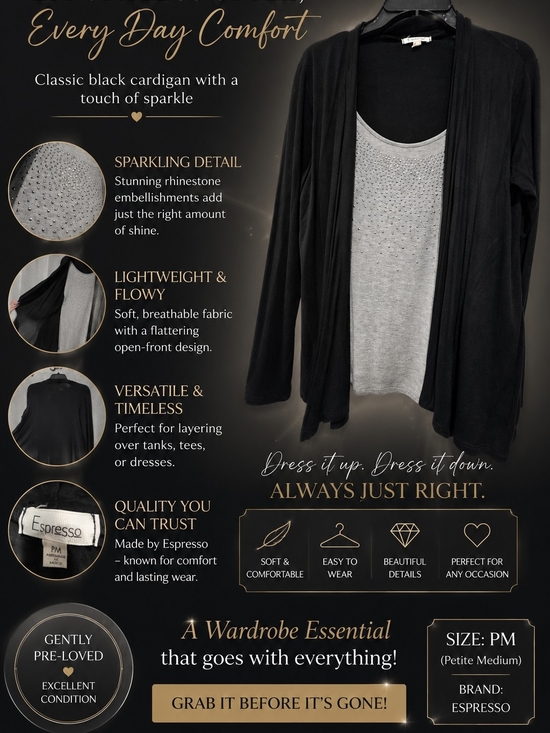 Espresso Tops - Espresso Women's Black Open-Front Cardigan with Rhinestone Detail
